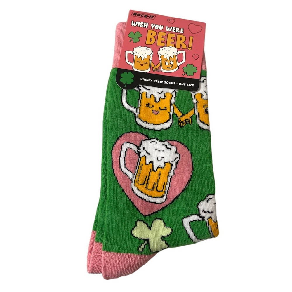 Beer ROCK-IT Wish You Were Beer Novelty Green Socks Unisex One Size